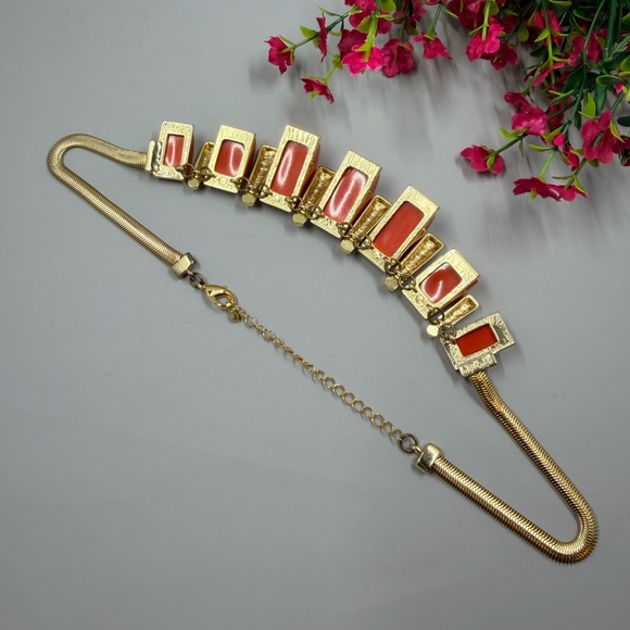 Vintage Acrylic Geometric Design Gold and Red Statement Necklace - Picture 5 of 5